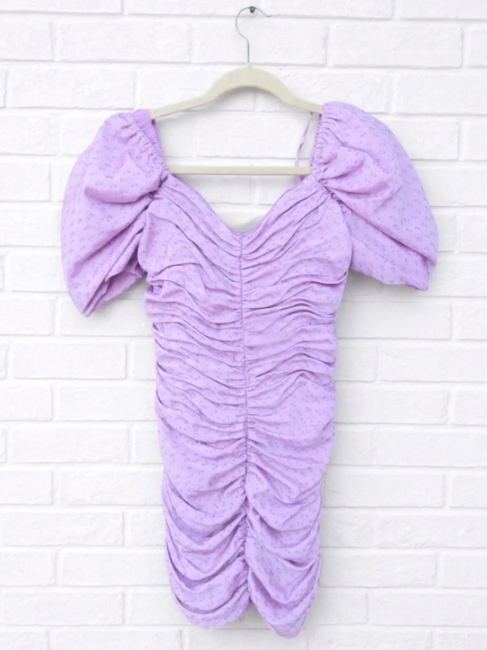 HUTCH dress cocktail Wren Mini Dress In Lilac Ruched Off Shoulder Puff Sleeve
